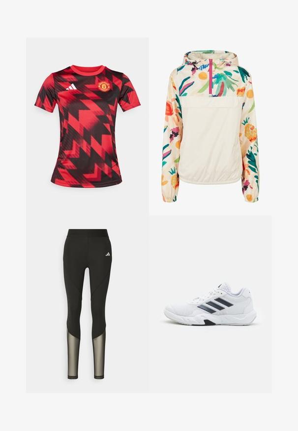 Veste à capuche légère en crème avec un motif floral aux couleurs vives. Elle dispose d'une fermeture éclair à l'avant et de poignets élastiques pour un ajustement sécurisé.; T-shirt de football à manches courtes rouge et noir avec un motif géométrique, présentant le logo de Manchester United sur la poitrine gauche et le logo Adidas sur la droite.; Leggings de sport noirs avec une taille haute, présentant des accents en mesh sur le bas des jambes et un logo brodé sur la hanche.; Baskets blanches avec une tige en maille, trois rayures noires sur le côté, des accents texturés et une semelle en caoutchouc robuste avec une section noire contrastante.