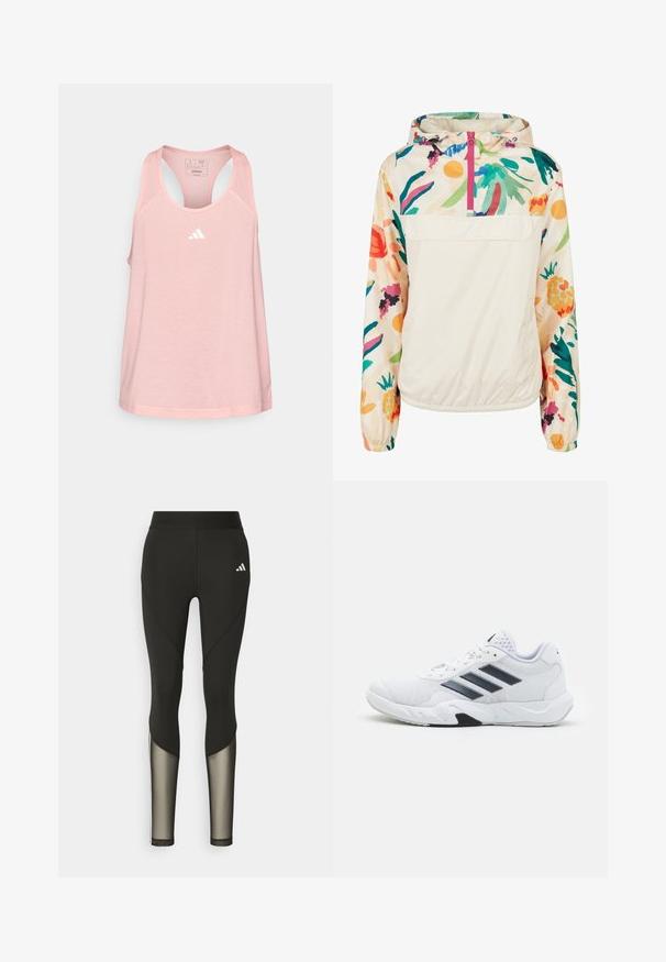 Lehký krémový pulover s květinovým vzorem v živých barvách. Má přední zip, kapuci a elastické manžety pro bezpečné nošení.; adidas Performance TRAIN ESSENTIALS MINIMAL BRANDING RACERBACK - Top - semi pink spark; Černé sportovní legíny s vysokým pasem, které mají síťované prvky na dolních nohavicích a vyšívané logo na boku.; Bílé sportovní boty s vrškem ze síťoviny, třemi černými pruhy po stranách, texturovanými akcenty a odolnou gumovou podrážkou s kontrastní černou částí.