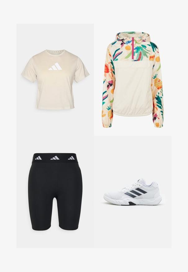Letvægts, cremet pullover-jakke med et blomsterdesign i strålende farver. Har en lynlås foran, hætte og elastiske manchetter for en sikker pasform.; Beige t-shirt med korte ærmer lavet af blødt stof, med et markant hvidt tre-stribet Adidas-logo på brystet. Klassisk crew neckline.; Sorte atletiske shorts med et fitted design, lavet af strækbart materiale. Har en bred sort taljeelastik med hvide branddetaljer.; Hvid atletisk sko med mesh-overdel, tre sorte striber på siden, strukturerede accenter og en robust gummisål med et kontrasterende sort område.