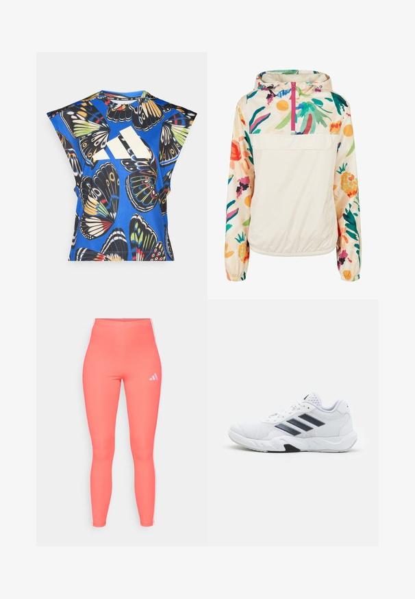 Ľahká, krémová puloverová bunda s kvetinovým vzorom v živých farbách. Obsahuje predný zips, kapucňu a elastické manžety pre bezpečné uchytenie.; Modrá košeľa s krátkym rukávom s živým potlačou motýľa v rôznych farbách, s veľkým bielym logom na prednej strane a okrúhlym výstrihom.; Korálové športové legíny vyrobené z elastického materiálu, s bielymi bočnými pruhmi a malým bielym logom na pravej hornej strane.; Biele športové topánky s ventilovaným vrchom, tromi čiernymi pruhmi po stranách, textúrovanými akcentmi a pevným gumovým podošvom s kontrastnou čiernou časťou.