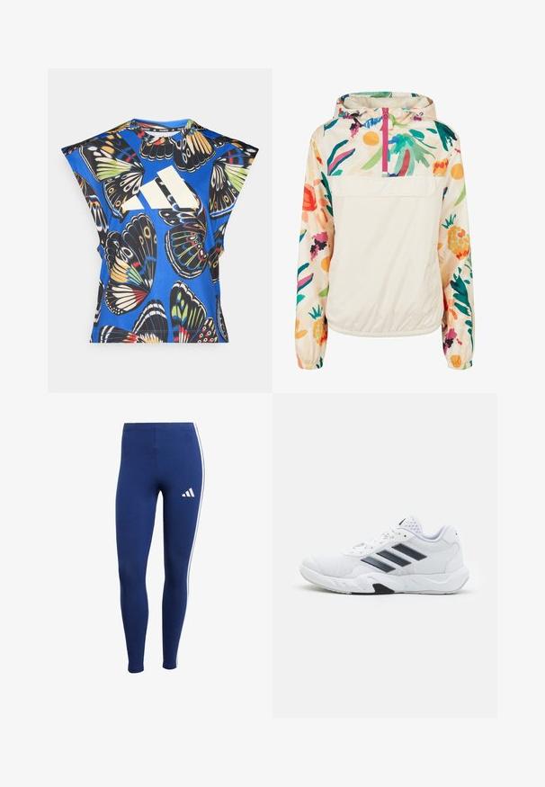 Lichtgewicht, crèmekleurige pulloverjack met een bloemenpatroon in levendige kleuren. Voorzien van een rits aan de voorkant, een capuchon en elastische manchetten voor een omsloten pasvorm.; Blauw T-shirt met korte mouwen, versierd met een levendige vlinderprint in verschillende kleuren, met een groot wit logo aan de voorkant en een ronde halslijn.; Marineblauwe legging met witte zijkanten en een merklogo op het onderbeen. Gemaakt van rekbaar materiaal voor comfort en beweging.; Witte sportieve schoen met een bovenwerk van mesh, drie zwarte strepen aan de zijkant, gestructureerde accenten en een stevige rubberen zool met een contrasterend zwart gedeelte.