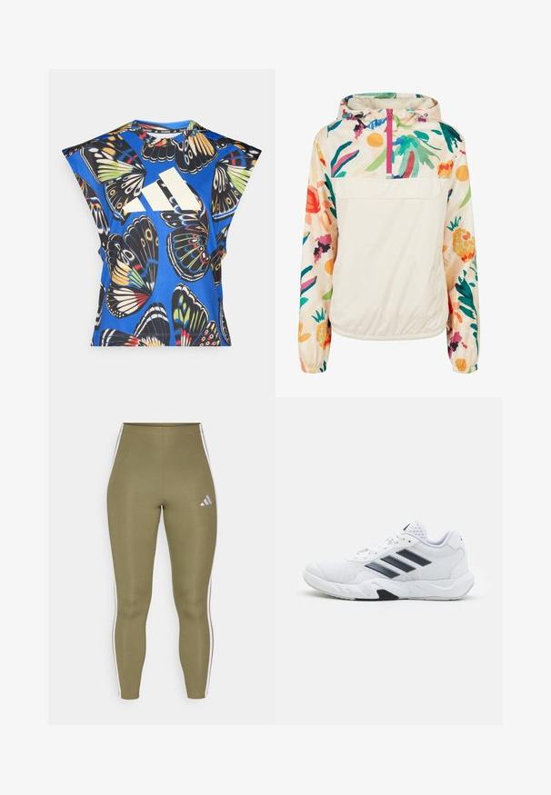 Lagani, krem pulover jakna s cvjetnim uzorkom u živim bojama. Ima prednji zip, kapuljaču i elastične manžete za sigurno prianjanje.; Plava košulja kratkih rukava s vibrantnim uzorkom leptira u raznim bojama, s velikim bijelim logom sprijeda i okruglim izrezom.; Maslinaste tajice s bijelim bočnim prugama, s prilagođenim dizajnom i malim bijelim logotipom na lijevom bedru. Glatka tekstura.; Bijela atletska cipela s mrežastim gornjim dijelom, tri crne pruge sa strane, strukturirani detalji i čvrst gumeni potplat s kontrastnim crnim dijelom.