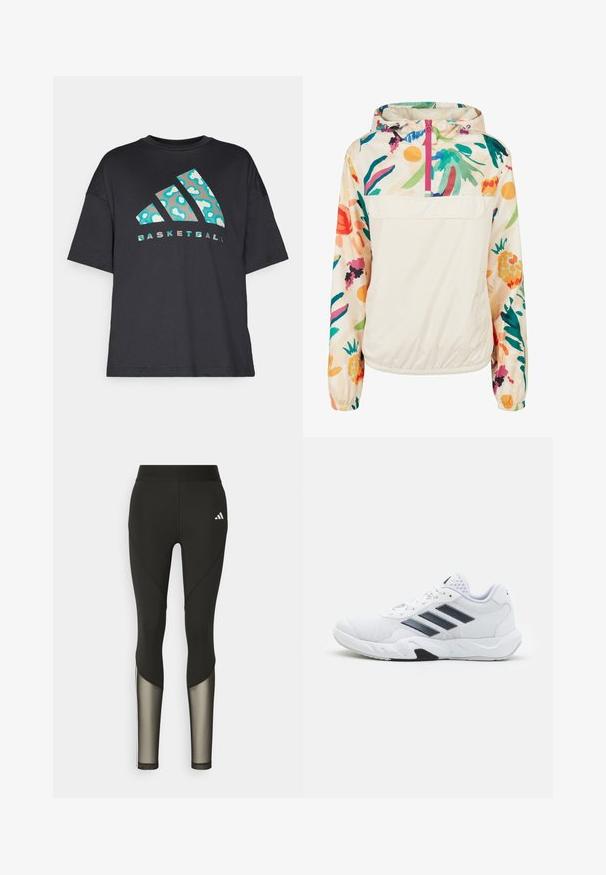 Lagani, krem pulover jakna s cvjetnim uzorkom u živim bojama. Ima prednji zip, kapuljaču i elastične manžete za sigurno prianjanje.; Crna oversized majica od pamuka s tirkiznim apstraktnim uzorkom i riječju "KOŠARKA" u kontrastnom tekstu ispod logotipa.; Crne atletske tajice s visokim strukom, sa mrežastim detaljima na donjim nogavicama i izvezenim logotipom na kuku.; Bijela atletska cipela s mrežastim gornjim dijelom, tri crne pruge sa strane, strukturirani detalji i čvrst gumeni potplat s kontrastnim crnim dijelom.