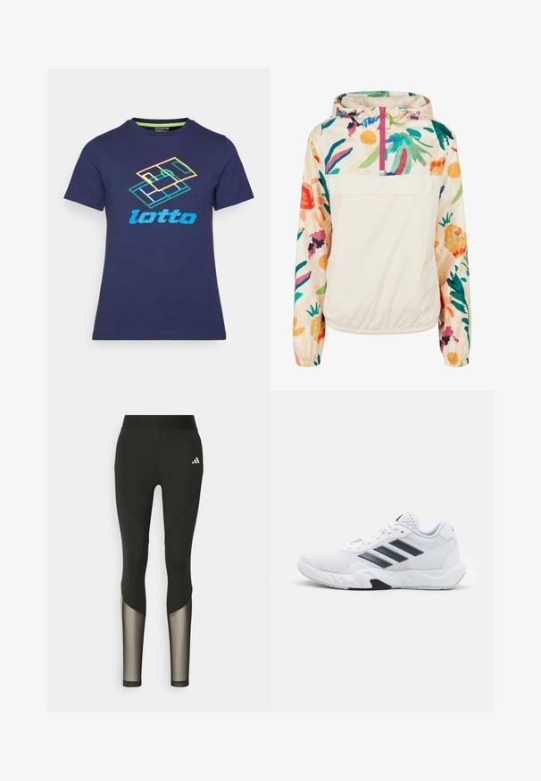 Lehký krémový pulover s květinovým vzorem v živých barvách. Má přední zip, kapuci a elastické manžety pro bezpečné nošení.; Námorně modré bavlněné tričko s krátkými rukávy, které má na přední straně tištěné logo Lotto v různých barvách a geometrický vzor.; Černé sportovní legíny s vysokým pasem, které mají síťované prvky na dolních nohavicích a vyšívané logo na boku.; Bílé sportovní boty s vrškem ze síťoviny, třemi černými pruhy po stranách, texturovanými akcenty a odolnou gumovou podrážkou s kontrastní černou částí.