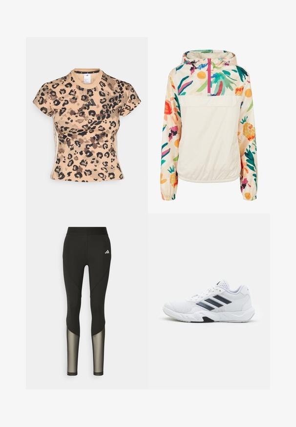 Gaišs, krēmkrāsas džemperis ar ziedu rakstu spilgtās krāsās. Iespējas ietver priekšējo rāvējslēdzēju, kapuci un elastīgas aproces drošai piegulšanai.; adidas Sportswear TEE - Apdrukāts T-krekls - multicolor/warm sandstone; Melna sporta leggingi ar augstu jostasvietu, kas ar tīkla akcentiem apakšējās kājās un iešūtu logo gurnā.; Baltā sporta apavi ar sietu augšdaļu, trīs melnām svītrām sānos, teksturētām akcentiem un izturīgu gumijas zoli ar kontrastējošu melnu daļu.