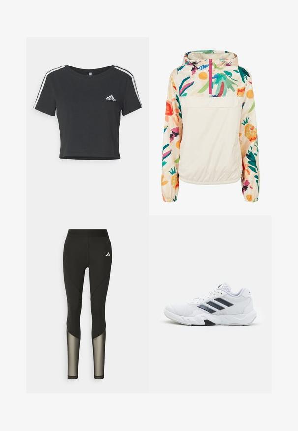 Lightweight, cream pullover jacket with a floral pattern in vibrant colors. Features a front zip, hood, and elastic cuffs for a secure fit.; adidas Sportswear ESSENTIALS 3 STRIPES BABY - Print T-shirt - black/white; Black athletic leggings with a high waistband, featuring mesh accents on the lower legs and an embroidered logo on the hip.; White athletic shoe with mesh upper, three black stripes on the side, textured accents, and a sturdy rubber sole with a contrasting black section.