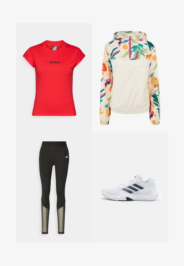 Lehký krémový pulover s květinovým vzorem v živých barvách. Má přední zip, kapuci a elastické manžety pro bezpečné nošení.; Červené přiléhavé tričko z bavlny s ohrnutými krátkými rukávy a černým logem "adidas" na hrudi. Hladká textura a kulatý výstřih.; Černé sportovní legíny s vysokým pasem, které mají síťované prvky na dolních nohavicích a vyšívané logo na boku.; Bílé sportovní boty s vrškem ze síťoviny, třemi černými pruhy po stranách, texturovanými akcenty a odolnou gumovou podrážkou s kontrastní černou částí.