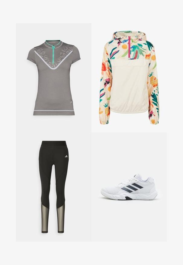 Lehký krémový pulover s květinovým vzorem v živých barvách. Má přední zip, kapuci a elastické manžety pro bezpečné nošení.; Šedé sportovní tričko s krátkým límečkem, tyrkysovým zipem a designem ve tvaru V. Světle šedé akcenty a textury dodávají vizuální zajímavost.; Černé sportovní legíny s vysokým pasem, které mají síťované prvky na dolních nohavicích a vyšívané logo na boku.; Bílé sportovní boty s vrškem ze síťoviny, třemi černými pruhy po stranách, texturovanými akcenty a odolnou gumovou podrážkou s kontrastní černou částí.