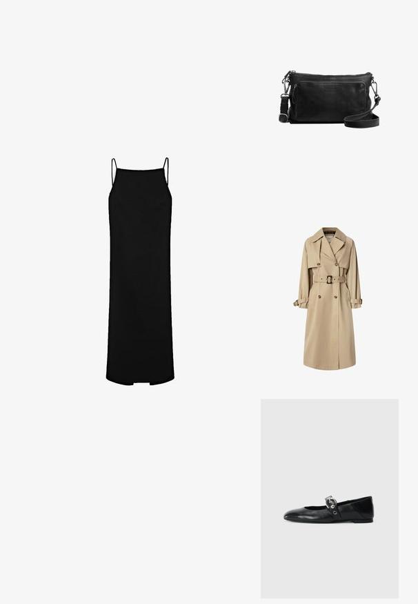 Beige trenchcoat i bomuldsblanding; dobbeltbrystet design med store knapper, bælte i taljen og klaplommer; har en ternet foring.; Sort slipdress med tynde stropper, lige snit og knælængde. Fremstillet af glat stof med minimale syninger og uden mønstre.; Sorte læder balletflade med spids tå, udstyret med en rem med en cirkulær metallisk spænde og en flad sål.; Sort læder crossbody taske med en lynlås hovedrum, frontlomme, sølvhardware og justerbar skulderrem. Glat tekstur.