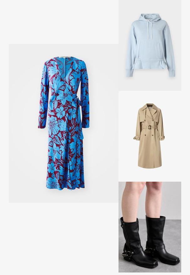 Beige trenchcoat i bomullsblandning; dubbelknäppt design med stora knappar, knytmidja och klafffickor; har ett rutigt foder.; Ljusblå huvtröja i mjukt tyg med dragsko, elastisk midja och två framfickor. Enkel logotypdetalj.; Blå blommig omlottskift med långa ärmar, med en djärv bourgogneröd bakgrund och midjeband. Mjukt tyg med en slät yta.; Svarta läderstövlar i knähöjd med fyrkantig tå, sidodragkedja och justerbar rem med metallkedjedetalj. Matt yta och robust sula.