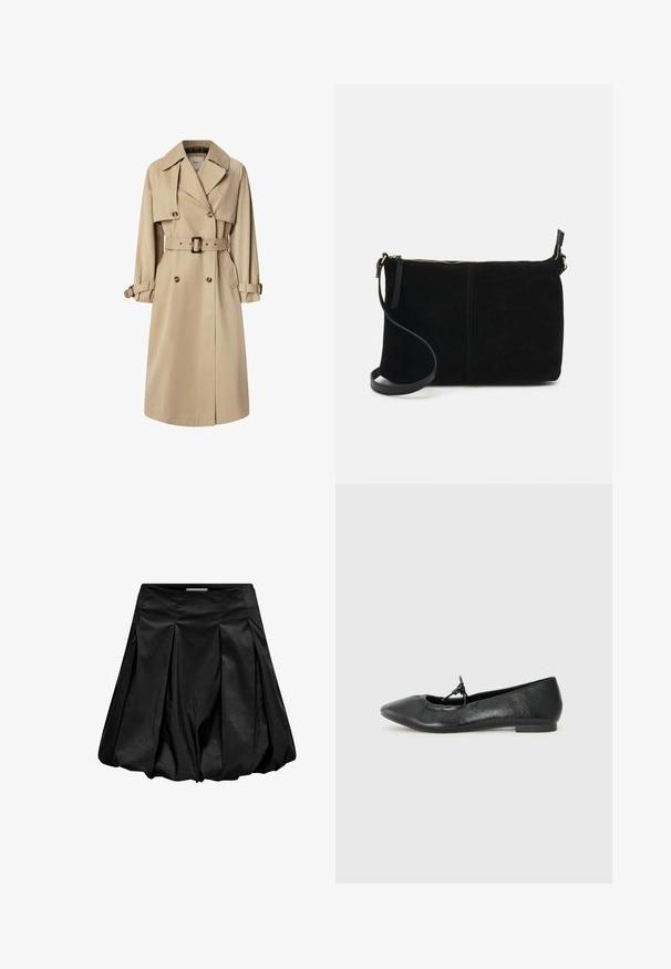 Bež plašč v mešani bombažni tkanini; dvojnim zapenjanjem, velikimi gumbi, s pasom in žepi z preklopom; ima karirasto oblogo.; Svetlo rjav, skrajšan pulover z dolgimi rokavi, okrogliškim izrezom in teksturirano pletenino. Brez vidnih vzorcev ali kovinskih detajlov.; Črna krila s nabranim dizajnom, narejena iz sijočega in gladkega materiala. Ima razširjeno obliko, s cinčenim dnom in širokim pasom.; Črne usnjene balerinke s koničastim nosom, strukturo površine in majhnim poudarkom z mašnjo na vampu. Nizka, ploska peta.; Črn zamshev torbica čez ramo z zadrgo, ravnega pravokotnega dizajna in odstranljivim trakom za večjo prilagodljivost. Gladka tekstura, minimalistični slog.