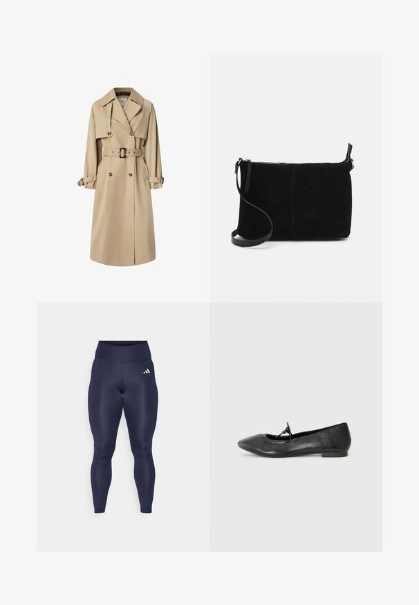 Trench-coat beige en mélange de coton ; conception croisée avec de grands boutons, taille ceinturée et poches à rabat ; présente une doublure à carreaux.; Pull à manches longues de couleur marron clair, court, avec un col rond et un tissu tricoté texturé. Pas de motifs visibles ni de détails matériels.; adidas Performance Leggings - legend ink; Ballerines en cuir noir avec un bout pointu, une surface texturée et un petit nœud décoratif sur le devant. Talon bas et plat.; Sac en cuir suede noir à bandoulière avec fermeture éclair, design rectangulaire plat et une sangle amovible pour plus de polyvalence. Texture lisse, style minimaliste.