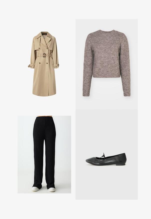 Trench-coat beige en mélange de coton ; conception croisée avec de grands boutons, taille ceinturée et poches à rabat ; présente une doublure à carreaux.; Pull à manches longues de couleur marron clair, court, avec un col rond et un tissu tricoté texturé. Pas de motifs visibles ni de détails matériels.; Pantalons noirs, texturés, à jambes larges avec une taille haute et une ceinture élastique. Le tissu présente un motif en grille. Stylisés avec des baskets blanches.; Ballerines en cuir noir avec un bout pointu, une surface texturée et un petit nœud décoratif sur le devant. Talon bas et plat.