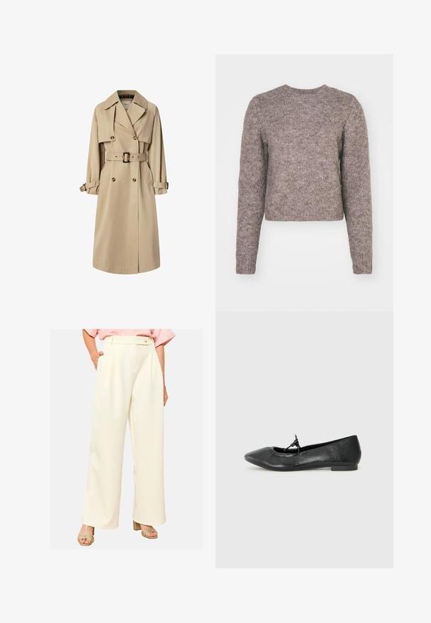 Bež trench-kott, mis on valmistatud puuvilla segust; topelt eest kinnitatav disain suurte nuppudega, vöökoht ja klapp-taskud; väljastab ruudulise voodri.; Kerge pruun, lühikesed varrukad ja ümar kaelus, tekstureeritud kudumismaterjaliga. Pole nähtavaid mustreid ega riistvaradetaile.; Kreemivärvides laiad püksid, millel on sile tekstuur, kõrge vöökoht, voltide ja küljetaskudega. Lihtne nööpide sulgemine.; Mustad nahast balletikiled terava ninaga, tekstuurse pinnaga ja väikese paeltega kaunistus säärel. Madal, tasane konts.