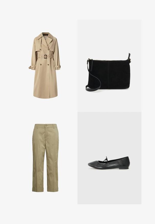 Beige Trenchcoat aus Baumwollmix; doppelt geknöpftes Design mit großen Knöpfen, tailliertem Gürtel und Klappentaschen; verfügt über ein karierter Innenfutter.; Hellbrauner, kurzer Pullover mit langen Ärmeln, rundem Halsausschnitt und einem strukturierten Strickstoff. Keine sichtbaren Muster oder Hardware-Details.; Khakihosen aus leichtem Baumwollstoff mit geradem Bein, Knopfverschluss und umgeschlagenen Säumen. Glatte Textur mit minimalen Details.; Schwarze Leder-Ballerinas mit spitz zulaufender Zehenpartie, strukturiertem Obermaterial und einer kleinen Schleifenakzent an der Vorderseite. Niedriger, flacher Absatz.; Schwarze Wildleder-Crossbody-Tasche mit einem Reißverschluss, flachem rechteckigem Design und einem abnehmbaren Schultergurt für Vielseitigkeit. Glatte Textur, minimalistischer Stil.