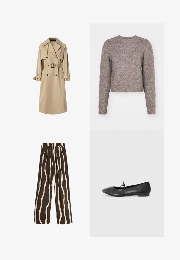 Beige trenchcoat i bomuldsblanding; dobbeltbrystet design med store knapper, bælte i taljen og klaplommer; har en ternet foring.; Lys brun, cropped sweater med lange ærmer, rund halsudskæring og et struktureret strikstof. Ingen synlige mønstre eller hardwaredetaljer.; Højtaljede bukser med vide ben, vertikale bølgede striber i hvid og mørkebrun, frontknap, lynlås og sidelommer.; Sorte læder balletflade med spids tå, tekstureret overflade og en lille sløjfeing til vamps. Lav, flad hæl.