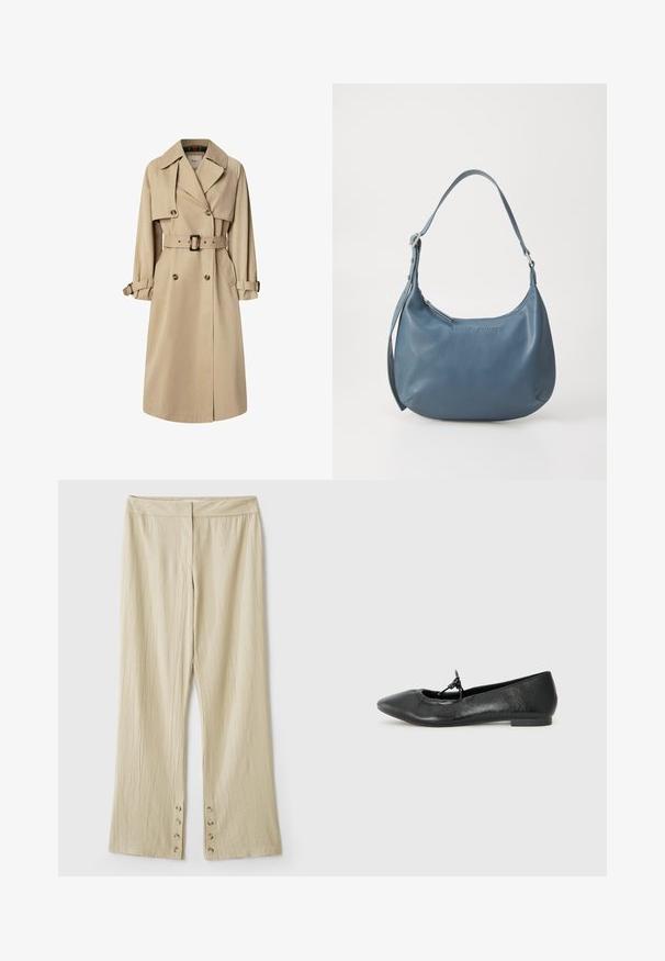 Beige trenchcoat in een katoenmix; dubbel gevoerd ontwerp met grote knopen, ceintuur in de taille en klepzakken; beschikt over een geruite voering.; Lichtbruin, cropped trui met lange mouwen, ronde halslijn en een gestructureerd breiwerk. Geen zichtbare patronen of hardware-details.; Beige wijde broek met een textuurstof. Heeft een platte tailleband en vijf knopen aan de onderkant voor sluiting. Geplooid ontwerp.; Zwarte leren balletschoenen met een spitse neus, textuur oppervlak en een klein strikje op de wreef. Lage, platte hak.; Blauwe leren handtas met een ronde vorm, enkele schouderriem, ritssluiting en geïmpregneerde merknaam aan de voorkant. Gladde textuur.