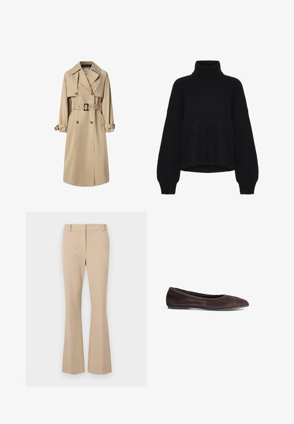 Beige trenchcoat in een katoenmix; dubbel gevoerd ontwerp met grote knopen, ceintuur in de taille en klepzakken; beschikt over een geruite voering.; Zwarte coltrui met een cropped ontwerp, gemaakt van pluizige stof. Het heeft brede mouwen en een geribbelde textuur bij de kraag.; Beige op maat gemaakte broek met een rechte pasvorm, voorzien van een platte voorkant, riemlussen en een gladde textuur. Geen zichtbare zakken of patronen.; Bruine suède balletschoenen met een spitsneus en een laag profiel. Kenmerkt zich door een gladde textuur en een minimalistisch ontwerp. Geen zichtbare hardware of accenten.