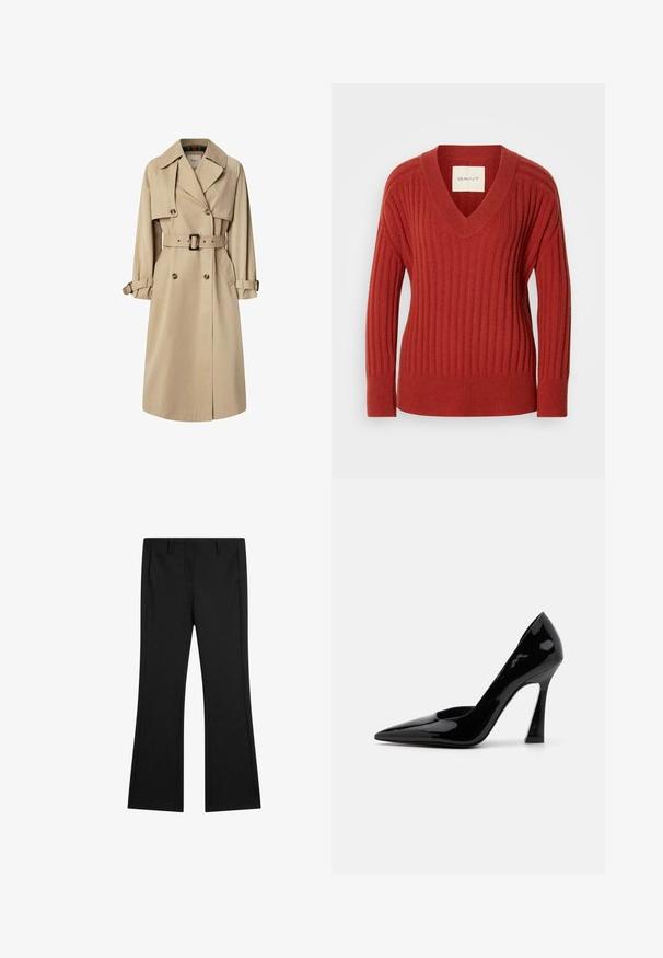 Trench coat beige in misto cotone; design doppiopetto con grandi bottoni, vita con cintura e tasche a patta; presenta una fodera a scacchi.; Maglione rosso a coste con scollatura a V, maniche lunghe e vita aderente. Realizzato in un materiale morbido e testurizzato. Etichetta visibile all'interno della scollatura.; Pantaloni neri svasati realizzati in tessuto liscio, con tasche anteriori e una vestibilità su misura, dotati di pieghe stiro per un aspetto curato.; Décolleté nera in vernice con tacco a spillo angolare e punta affusolata, caratterizzata da una texture liscia e lucida.