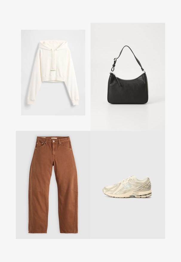 Beige trenčkot z bavlněnou směsí; dvouřadý design s velkými knoflíky, páskem v pase a kapsami s klopami; má kostkovanou podšívku.; Světle krémová zkrácená mikina s kapucí vyrobená z jemné látky má stahovací kapuci, raglánové rukávy, vyražené logo "GAP" a ribbované manžety.; Hnědé rovné džíny barvy rezavé s předními a zadními kapsami, kovovými nýty, zapínáním na knoflík a poutky na opasek, ležící rozložené na bílé pozadí.; Béžové atletické tenisky s vrchním dílem ze síťoviny, minimálními akcenty, texturovanou podrážkou a subtilním logem 'N' na boku. Lehký design pro pohodlí.; Černá kožená kabelka s zakřiveným tvarem, s jedním popruhem, zipovým uzávěrem a decentním logem na přední straně. Hladká textura, minimalistický design.