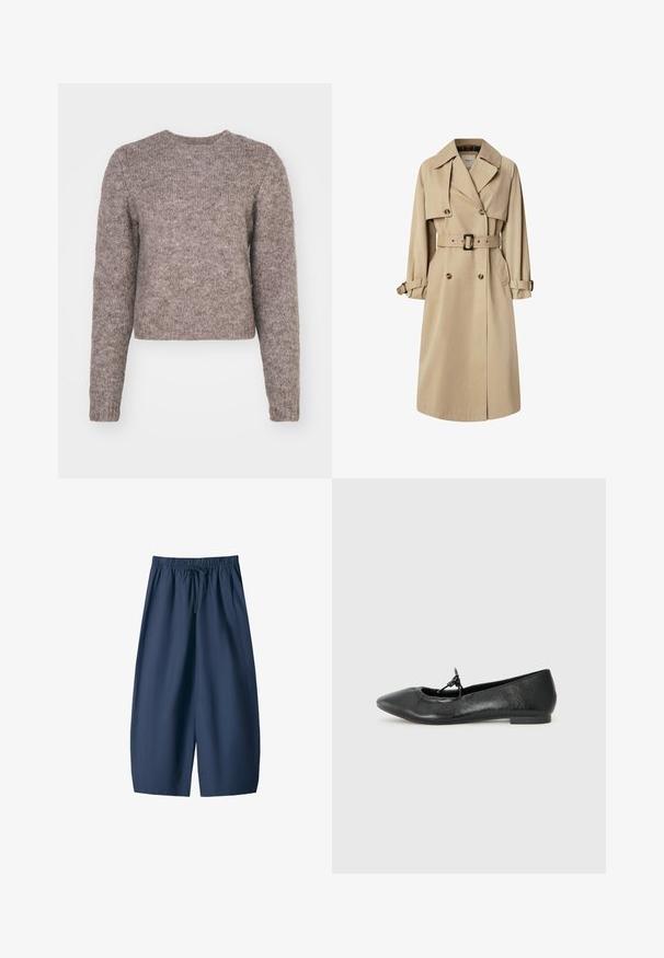 Bež plašč v mešani bombažni tkanini; dvojnim zapenjanjem, velikimi gumbi, s pasom in žepi z preklopom; ima karirasto oblogo.; Svetlo rjav, skrajšan pulover z dolgimi rokavi, okrogliškim izrezom in teksturirano pletenino. Brez vidnih vzorcev ali kovinskih detajlov.; Mornarsko modri kratki hlače iz gladkega materiala, z elastičnim pasom in vrvico ter dvema stranskima žepoma. Ohlapen kroj, dolžina do kolen.; Črne usnjene balerinke s koničastim nosom, strukturo površine in majhnim poudarkom z mašnjo na vampu. Nizka, ploska peta.