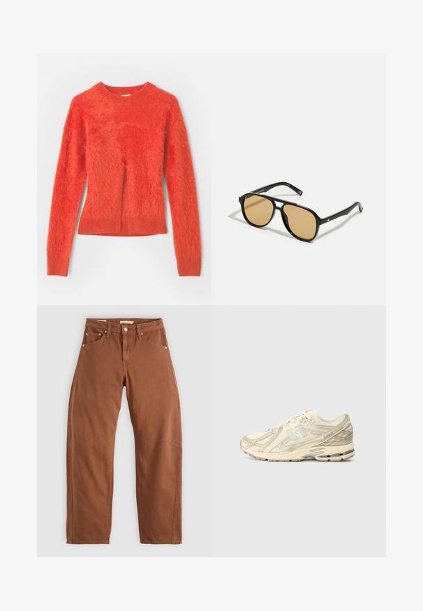 Beżowy trencz wykonany z mieszanki bawełny; podwójnie zapinany design z dużymi guzikami, taliowany pas i kieszenie z klapą; ma wmontowaną podszewkę w kratę.; Czerwony, puszysty sweter z długimi rękawami i okrągłym dekoltem. Posiada nieco luźny krój oraz ściągacz na dole.; Rude brązowe dżinsy o prostym kroju z kieszeniami z przodu i z tyłu, metalowymi nitami, zapięciem na guzik i pętlami na pasek, leżące płasko na białym tle.; Beżowe sneakersy sportowe z siateczkową cholewką, minimalnymi akcentami, teksturowaną podeszwą i subtelnym logo 'N' po boku. Lekka konstrukcja dla wygody.; Czarne okulary przeciwsłoneczne z brązowymi szkłami; prostokątny kształt z grubą oprawą, z delikatnymi akcentami na zausznikach.; Czarna skórzana torebka o zaokrąglonym kształcie, z pojedynczym uchwytem, zamknięciem na zamek błyskawiczny oraz subtelnym logo z przodu. Gładka faktura, minimalistyczny design.