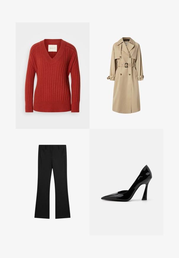 Beżowy trencz wykonany z mieszanki bawełny; podwójnie zapinany design z dużymi guzikami, taliowany pas i kieszenie z klapą; ma wmontowaną podszewkę w kratę.; Czerwony sweter z prążkowanym wzorem, w serek, z długimi rękawami i dopasowanym taliowaniem. Wykonany z miękkiego, teksturowanego materiału. Metka widoczna wewnątrz dekoltu.; Czarne spodnie w kształcie dzwonów z gładkiego materiału, posiadające kieszenie z przodu i dopasowany krój z wyprasowanymi liniami zagięcia dla eleganckiego wyglądu.; Czarne, lakierowane szpilki z ostrym noskiem i kanciastym obcasem, charakteryzujące się gładką, błyszczącą teksturą.