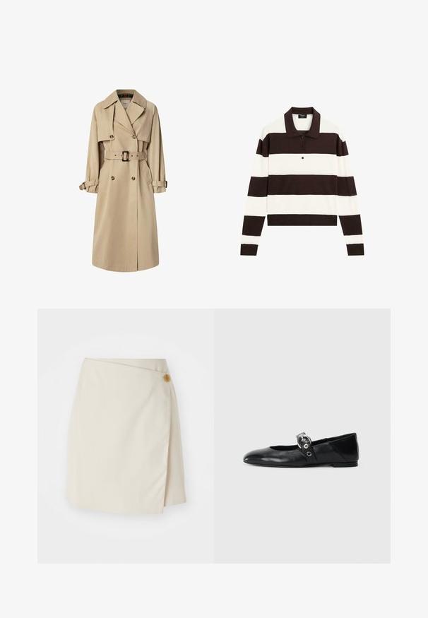 Trench coat beige in misto cotone; design doppiopetto con grandi bottoni, vita con cintura e tasche a patta; presenta una fodera a scacchi.; Polo a maniche lunghe con righe orizzontali alternanti marrone scuro e bianche, colletto e pattina con bottoni. Realizzato in tessuto morbido.; Gonna avvolgente beige con chiusura laterale a bottoni, tessuto solido, linee pulite e una consistenza liscia, progettata per una silhouette aderente.; Ballerine in pelle nera con punta appuntita, dotate di una fascia con una fibbia metallica circolare e suola piatta.