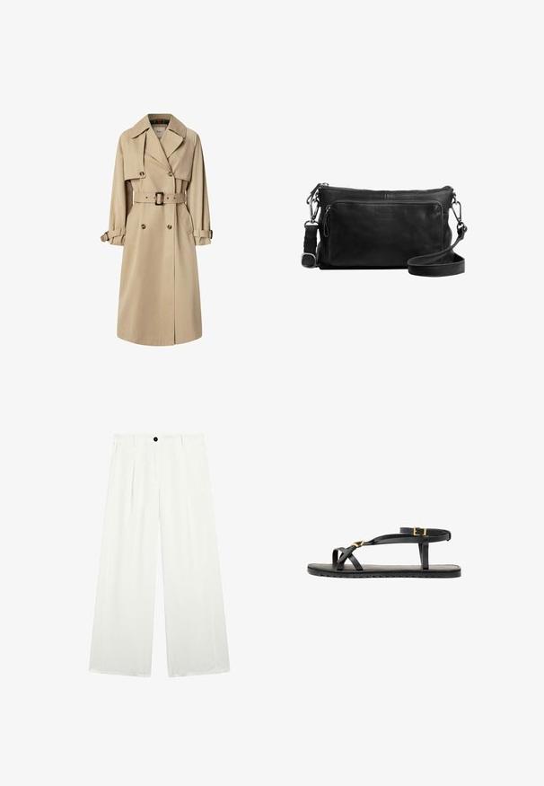 Beige trenchcoat i bomuldsblanding; dobbeltbrystet design med store knapper, bælte i taljen og klaplommer; har en ternet foring.; Langærmet polo-shirt med skiftende mørkebrun og hvid vandrette striber, en krave og en knaplukning. Fremstillet af blødt stof.; Breddebenede bukser i hvidt stof, med en enkelt sort knap i taljen, to forlommer og en glat, sprød tekstur.; Sorte lædersandaler med tynde stropper og en spændet ankelrem. Flad sål med en tekstureret overflade og zigzag kant. Minimalistisk design.; Sort læder crossbody taske med en lynlås hovedrum, frontlomme, sølvhardware og justerbar skulderrem. Glat tekstur.