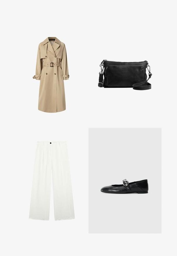 Beige trenchcoat i bomullsblandning; dubbelknäppt design med stora knappar, knytmidja och klafffickor; har ett rutigt foder.; Långärmad polo tröja med växelvis mörkbruna och vita horisontella ränder, en krage och en knäppning framtill. Tillverkad av mjukt tyg.; vida byxorna i vitt tyg, med en svart knapp vid midjan, två framfickor och en mjuk, krispig textur.; Svarta läderballetskor med spetsig tå, med en rem som har en rund metallspänne och en platt sula.; Svart läder crossbody-väska med ett dragkedjeförsett huvudfack, framfack, silverdetaljer och en justerbar rem. Slät textur.