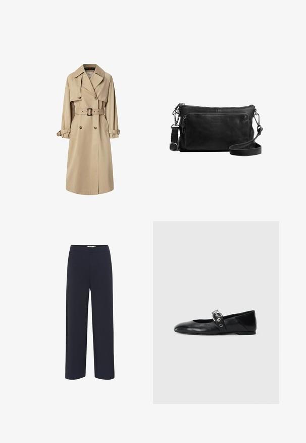 Trench coat beige in misto cotone; design doppiopetto con grandi bottoni, vita con cintura e tasche a patta; presenta una fodera a scacchi.; Polo a maniche lunghe con righe orizzontali alternanti marrone scuro e bianche, colletto e pattina con bottoni. Realizzato in tessuto morbido.; Pantaloni ampi blu navy realizzati in tessuto morbido, con vita elastica e senza tasche o decorazioni visibili.; Ballerine in pelle nera con punta appuntita, dotate di una fascia con una fibbia metallica circolare e suola piatta.; Borsa a tracolla in pelle nera con scomparto principale con zip, tasca frontale, hardware in argento e tracolla regolabile. Texture liscia.