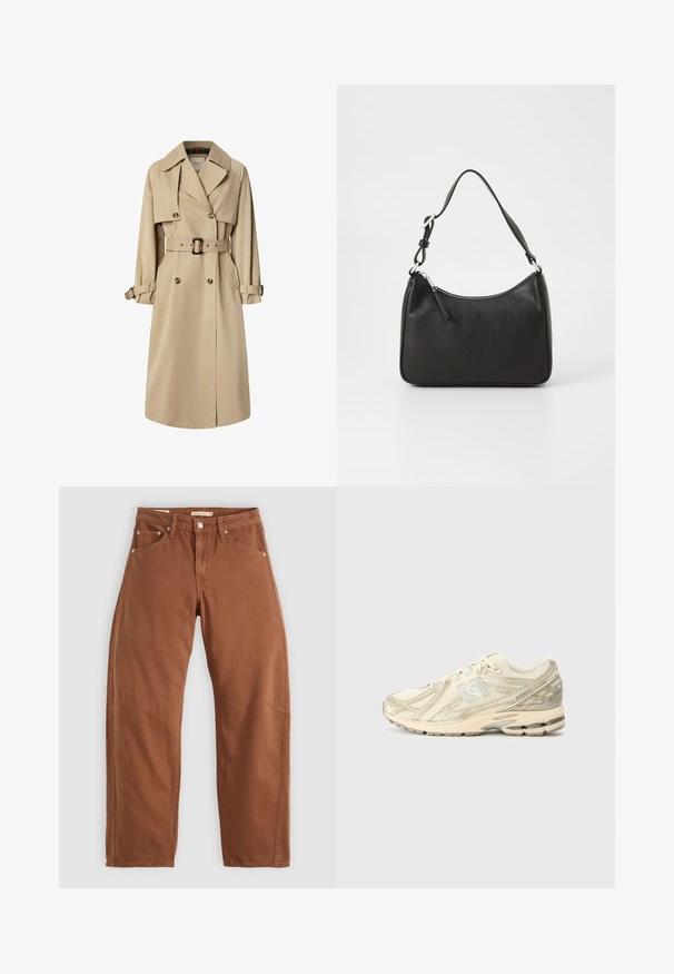 Beige trenchcoatti, joka on valmistettu puuvillasekoitteesta; kaksirivinen malli suurilla napilla, vyötäröllä vyö ja läppäpocketit; sisältää ruudullisen vuoren.; Valkoinen pitkähihaisen t-paita, jossa on graafinen painatus, joka sisältää mustavalkoisia kuvia ja vaaleanpunaista tekstiä, mukaan lukien "STIEGLITZ" ja toistuvat lauseet hihoissa.; Ruskon väriset suorat lahkeet, joissa on etu- ja takataskut, metalliset niitit, napitus ja vyölenkit, asetettuna tasaiseksi valkoista taustaa vasten.; Urheilulliset beigepunaiset lenkkarit, joissa on verkkopinta, vähäiset korostukset, teksturoidut pohjat ja hillitty 'N' -logo sivussa. Kevyt muotoilu mukavuutta varten.; Mustat nahkakäsilaukku, jossa on kaareva muoto, yksi hihna, vetoketjukiinnitys ja hienovarainen brändäys etuosassa. Sujuva pinta, minimalistinen muotoilu.