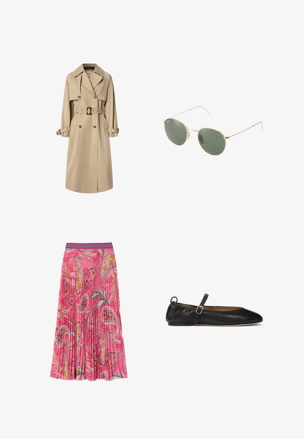 Beige Trenchcoat aus Baumwollmix; doppelt geknöpftes Design mit großen Knöpfen, tailliertem Gürtel und Klappentaschen; verfügt über ein karierter Innenfutter.; Schwarzes Camisole mit dünnen Trägern, mit Spitzenrand entlang des Ausschnitts und Saums. Glattes Material mit leicht schimmernder Textur.; Rosa Faltenspalte mit floralen und paisleyartigen Mustern, versehen mit einem kontrastierenden türkisfarbenen gestreiften Bund. Hergestellt aus leichtem Stoff.; Schwarze Leder-Ballerinas mit spitzer Zehenform und einem schmalen Knöchelriemen, der mit einer silbernen Schnalle versehen ist. Glatte Textur und minimalistisches Design.; Sonnenbrille mit goldfarbenem Metallrahmen und grünen Gläsern, runder Form, dünnen Bügeln und weißen Kunststoffakzenten an den Enden der Bügel.; Gelbe, gefaltete Handtasche aus glattem Kunstleder mit weicher Form, einzigem Schulterriemen und gerafftem Oberteil.