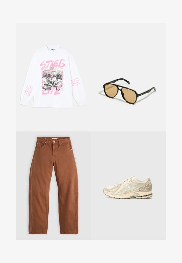Bežs mantiņš kokvilnas maisījumā; dubultā slēgšanas dizains ar lieliem pogām, jostā ar jostu un kabatām ar atloka; satur pārbaudītu oderi.; Balts garām piedurknēm T-krekls ar grafisko apdruku, kas satur melnbaltus attēlus un rozā tekstu, tostarp "STIEGLITZ" un atkārtojošos frāzes uz piedurknēm.; Rūsu brūnas taisnas kājas džinsi ar priekšējām un aizmugurējām kabatām, metāla kniedēm, pogu aizdari un jostas cilpām, izlikti uz balta fona.; Bežas sporta kedas ar acs augšdaļu, minimāliem akcentiem, teksturētu zoli un smalku 'N' logo sānos. Viegls dizains komfortam.; Melnas saulesbrilles ar brūnā tonītiem stikliem; taisnstūra forma ar biezu rāmi, ieskaitot smalku aparatūru akcentu uz tempļiem.; Melnas ādas rokassomu ar izliekta formu, vienu siksnu, ar rāvējslēdzēju aizdari un diskrētu zīmolu uz priekšpuses. Gluda tekstūra, minimālisma dizains.