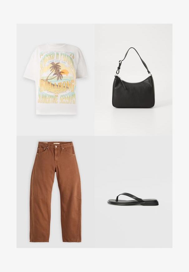 Bež plašč v mešani bombažni tkanini; dvojnim zapenjanjem, velikimi gumbi, s pasom in žepi z preklopom; ima karirasto oblogo.; Bela bomba majica iz bombaža z barvitim grafičnim tiskom, ki vključuje palme, sonce in besedilo: "POIŠČITE SE V RAJU," "BILLABONG," in "SESEON POLETJA."; Rjavi rjavi ravni hlače z zadrgo in zankami za pas, z zadnjimi in sprednjimi žepi ter kovinskimi zakovicami, razpolagane na beli podlagi.; Črne japanke iz gladke usnjene materiale, z tankim trakastim dizajnom in ravnim podplatom minimalnega profila. Brez opaznih vzorcev ali dodatkov.; Črna usnjena torba za roke s ukrivljenim oblikom, enim trakom, zadrgo in diskretnim blagovnim znamkom na sprednjem delu. Gladka tekstura, minimalističen dizajn.