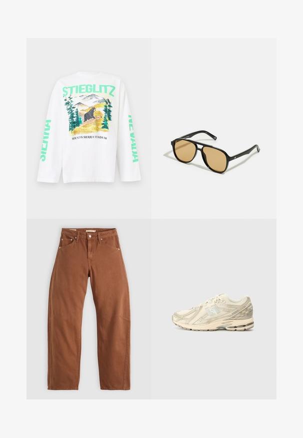 Beżowy trencz wykonany z mieszanki bawełny; podwójnie zapinany design z dużymi guzikami, taliowany pas i kieszenie z klapą; ma wmontowaną podszewkę w kratę.; Biały t-shirt z długim rękawem z kolorowym krajobrazem górskim z niedźwiedziem, a na rękawach nadrukowane napisy "STIEGLITZ" i "NEVADA" w kolorze zielonym.; Rude brązowe dżinsy o prostym kroju z kieszeniami z przodu i z tyłu, metalowymi nitami, zapięciem na guzik i pętlami na pasek, leżące płasko na białym tle.; Beżowe sneakersy sportowe z siateczkową cholewką, minimalnymi akcentami, teksturowaną podeszwą i subtelnym logo 'N' po boku. Lekka konstrukcja dla wygody.; Czarne okulary przeciwsłoneczne z brązowymi szkłami; prostokątny kształt z grubą oprawą, z delikatnymi akcentami na zausznikach.; Czarna skórzana torebka o zaokrąglonym kształcie, z pojedynczym uchwytem, zamknięciem na zamek błyskawiczny oraz subtelnym logo z przodu. Gładka faktura, minimalistyczny design.