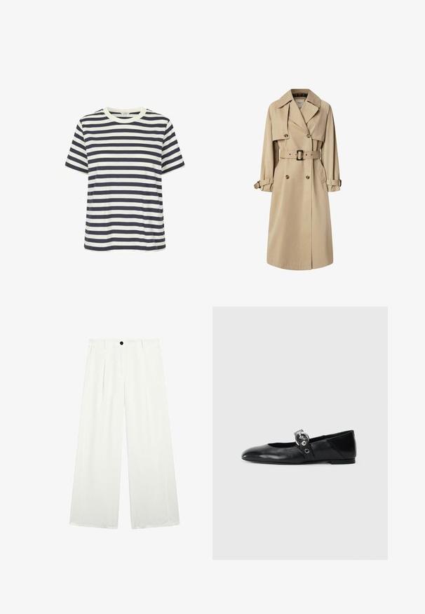 Beżowy trencz wykonany z mieszanki bawełny; podwójnie zapinany design z dużymi guzikami, taliowany pas i kieszenie z klapą; ma wmontowaną podszewkę w kratę.; Koszulka w paski z granatowymi i białymi poziomymi paskami, krótkimi rękawami i okrągłym dekoltem. Wykonana z miękkiej bawełnianej tkaniny.; Spodnie o szerokich nogawkach w białym kolorze, z pojedynczym czarnym guzikiem w talii, dwoma przednimi kieszeniami oraz gładką, sztywną fakturą.; Czarne skórzane baletki z wąskim noskiem, z paskiem z okrągłą metalową klamrą i płaską podeszwą.