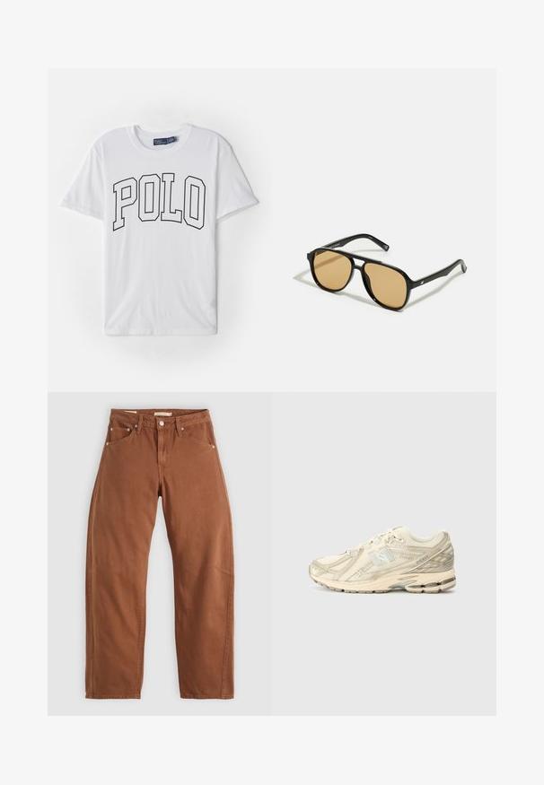 Beige trench coat in cotton blend; double-breasted design with large buttons, belted waist, and flap pockets; features a checkered lining.; White cotton t-shirt featuring a black outline print of the word "POLO" across the front, short sleeves, and a crew neckline.; Rust brown straight-leg jeans with front and back pockets, metal rivets, button closure, and belt loops, laid flat on a white background.; Beige athletic sneaker with mesh upper, minimal accents, textured sole, and a subtle 'N' logo on the side. Lightweight design for comfort.; Black sunglasses with brown tinted lenses; rectangular shape with a thick frame, including subtle hardware accents on the temples.; Black leather handbag with a curved shape, a single strap, zip closure, and subtle branding on the front. Smooth texture, minimalist design.