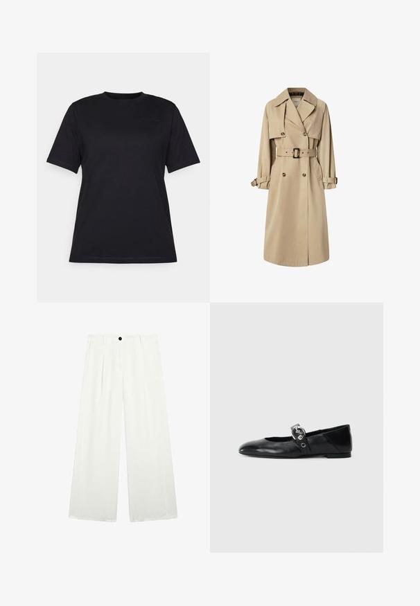 Beige trenchcoat i bomuldsblanding; dobbeltbrystet design med store knapper, bælte i taljen og klaplommer; har en ternet foring.; Sort kortærmet t-shirt lavet af glat bomuldsstof, med rund halsudskæring og subtilt præget logo detalje på venstre side.; Breddebenede bukser i hvidt stof, med en enkelt sort knap i taljen, to forlommer og en glat, sprød tekstur.; Sorte læder balletflade med spids tå, udstyret med en rem med en cirkulær metallisk spænde og en flad sål.