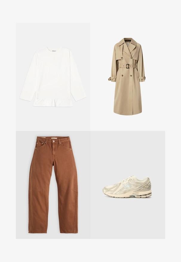 Béžový trenčkot z bavlneného zloženia; dvojradový dizajn s veľkými gombíkmi, opaskom v páse a vreckami s chlopňou; obsahuje kockovanú podšívku.; Biele tričko s dlhým rukávom z jemného materiálu, ktoré má volánový lem. Jeho dizajn obsahuje okrúhly výstrih a diskrétne logo na hrudi.; Hnedohnedé rovné džínsy so prednými a zadnými vreckami, kovovými nýtmi, zapínaním na gombík a pútkami na opasok, položené na bielom pozadí.; Bežové športové tenisky s vrchnou časťou z látky, minimálnymi akcentmi, textúrovanou podrážkou a jemným logom 'N' na boku. Ľahký dizajn pre pohodlie.