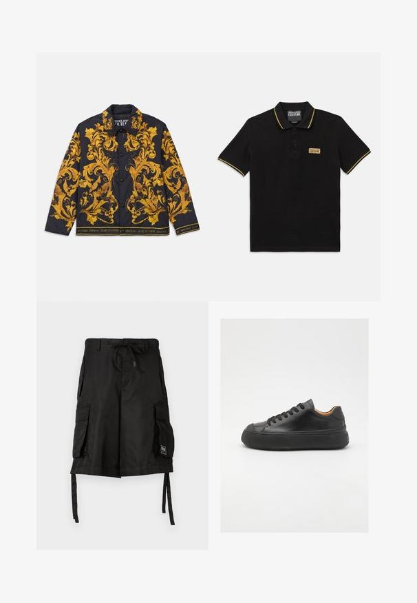 Fekete gombos dzseki díszes sárga barokk virágmintával, valamint a hemnél és a gallér bélésén "Versace Jeans Couture" felirattal.; Fekete pólóing, amely pamutból készült, három gombos légzéssel, sárga díszítéssel a galléron és az ujjakon, és egy feliratos folttal a mellkason.; Fekete cargo sort, húzózsinórral ellátott derékkal, több oldalsó zsebbel és állítható hosszúságú anyagszíjakkal az alján. Simább textúrájával.; Fekete bőr sportcipő kerek orral, fűzős elejével, sima textúrájával, vastag gumitalpával és kontrasztos barnás belsejével.