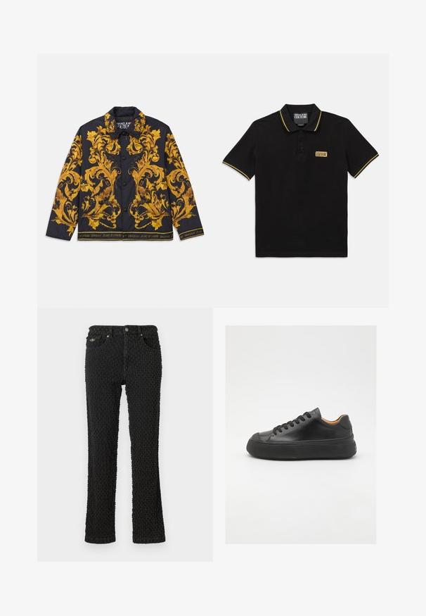 Juodas mygtukais užsegamas švarkas su puošniais geltonais baroko gėlių raštais ir "Versace Jeans Couture" tekstu palei apykaklės kraštą ir juostelę.; Juoda polo marškinėliai, pagaminti iš medvilnės, su trimis mygtukais, geltona apdaila ant apykaklės ir rankovių, su prekės ženklo dėkle ant krūtinės.; Juodų džinsų kelnės su tekstūruotu raštu, penkiais kišenėmis, priekyje užsegamos mygtuku ir šiek tiek platinančiu kojų dizainu.; Juodos odinės sportinės bateliai su apvaliu pirštu, raištelių užsegimu, lygiu paviršiumi, storu guminio pado ir kontrastinga tan spalvos vidine puse.