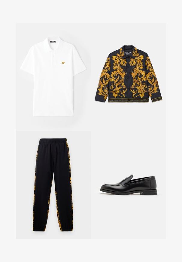 Musta napillinen takki, jossa on koristeelliset keltaiset barokkityyliset kukkakuviot ja "Versace Jeans Couture" -teksti helman ja kauluksen vuorauksessa.; Valkoinen polo-paita, joka on valmistettu puuvillasta, klassisella kauluksella, kolmella napilla ja pienellä kultaisella logotiedolla vasemmassa rinnassa.; Mustat jogger-housut, joissa on joustava vyötärö ja lahkeiden resorit, joissa on kultaisia ja mustia kukkakuosisia sivupaneeleja.; Mustat nahkakengät, joissa on sileä pinta, pyöreä kärki ja koristeellinen nauha jalkapöydän yli. Matala pinoitu koroke, minimalistinen muotoilu.