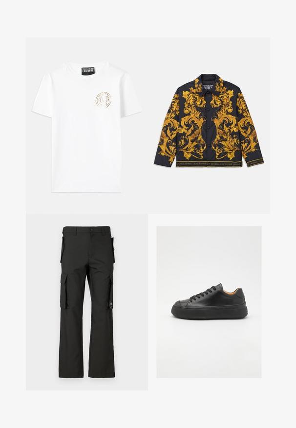 Juodas mygtukais užsegamas švarkas su puošniais geltonais baroko gėlių raštais ir "Versace Jeans Couture" tekstu palei apykaklės kraštą ir juostelę.; Balta medvilnės marškinėliai su apvaliu iškirpimu ir trumpomis rankovėmis. Ant krūtinės spausdinamas auksinis apvalus logotipas. Lygus pavir šius.; Juodos krovinių kelnės su tiesiomis kojomis, turinčios kelias šonines kišenes ir mygtukų užsegimą. Pagamintos iš tvirto audinio, lygia tekstūra.; Juodos odinės sportinės bateliai su apvaliu pirštu, raištelių užsegimu, lygiu paviršiumi, storu guminio pado ir kontrastinga tan spalvos vidine puse.