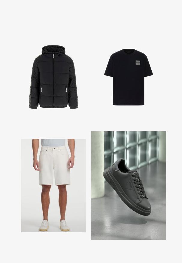 Čierna péřová bunda s kapucňou, zipsom a bočnými vreckami. Obsahuje kontrastné vertikálne logo pruhy na rukávoch a prešívanú textúru.; Čierne bavlnené tričko s krátkymi rukávmi, s šedou štvorcovou nášivkou na ľavom prsníku. Klasický výstrih, hladká textúra.; Biele denímové šortky so správnym strihom, dizajnom s piatimi vreckami a predným zapínaním na gombík. Hladká textúra a strih po kolená.; Čierne kožené tenisky s hladkým povrchom, zaoblenou špičkou, textúrovanými akcentmi a šnurovacím dizajnom. Logo zobrazené na jazyku.