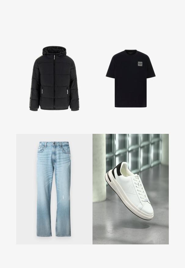 Melnā pūšamā mētelī ar kapuci, ar rāvējslēdzēju un sānu kabatām. Iezīmē kontrastējošas vertikālas logo svītras uz piedurknēm un quiltotas tekstūras.; Melnas kokvilnas T-kreklis ar īsām piedurknēm, kuram kreisajā krūtī ir kvadrātveida pelēks logotipa uzlīme. Ar apaļu kakla dizainu, gluda tekstūra.; Gai zilgani džinsi ar nedaudz brīvu taisnu griezumu, ar nolietotiem akcentiem, klasisku piecu kabatu dizainu un pogu aizdari.; Baltas ādas sporta apavi ar melniem akcentiem, plakani šņorēšanas aizdare un strukturēta zole. Uz sāniem un valnīša atrodas "GUESS" logo.