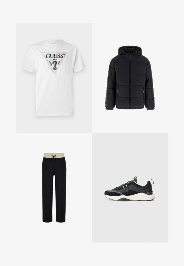 Mustapufferitakki, jossa on huppu, vetoketjukiinnitys ja sivutaskut. Takissa on kontrastivärein tehty pystysaumainen logo-raita hihoissa ja tikattu pinta.; Valkoinen puuvillapaita, jossa on musta ja värikäs kolmio-logo tekstillä. Lyhyet hihat ja pyöreä kaula-aukko, sileä rakenne.; Mustat collegehousut, joissa on kreeminvärinen ribbineulevyötärö, nyöri ja sivupaneelit. Suora lahjetekstuuri, jossa on sileä pinta ilman näkyviä kuvioita.; Musta lenkkari, jossa yhdistyvät mokka- ja verkkokankaat, muhkea valkoinen pohja ja heijastavat yksityiskohdat. Nauhakuuluma ja vetokahva.