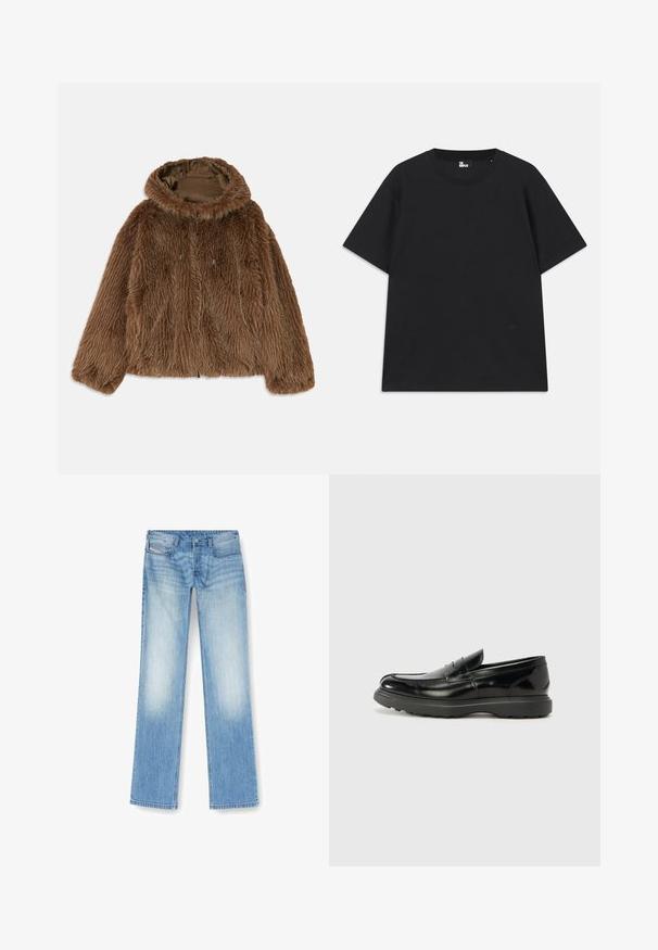 Ruda imitacija kailio striukė su gobtuvu, turinti struktūruotą išorinį sluoksnį, priekinį užtrauktuką ir reguliuojamas detalės. Vidinė pamušalo spalva tamsiai ruda.; Juoda trumpomis rankovėmis marškinėliai iš medvilnės, su apvalia iškirpte ir mažo logo detale šalia apatinės siūlės. Lygus paviršius, standartinė silueto forma.; Šviesiai mėlyni tiesūs džinsai pagaminti iš džinsinio audinio, turi išblukusį paviršių, penkių kišenių dizainą ir matomas siuvimo detales palei siūles.; Juodas odinis loaferis su blizgiu paviršiumi, apvaliu pirštu, subtiliais siūlių detalėmis ir storu guminio pado, užtikrinančio ilgaamžiškumą.