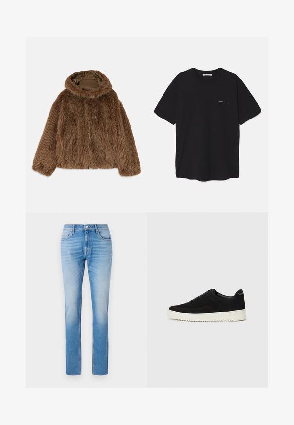 Ruda imitacija kailio striukė su gobtuvu, turinti struktūruotą išorinį sluoksnį, priekinį užtrauktuką ir reguliuojamas detalės. Vidinė pamušalo spalva tamsiai ruda.; Juoda medvilninė marškinėlė su apykakle, trumpomis rankovėmis ir baltu logotipu kairėje krūtinės pusėje. Paprastas, vientisas spalvų dizainas.; Šviesiai mėlyni džinsai su tiesiu kirpimu, turintys klasikinį penkių kišenių dizainą, kontrastingą siuvimą ir švelnų nusidėvėjimo efektą.; Juodos veliūrinės sportinės bateliai su raištelių dizainu ir kontrastinga balta gumine padais. Yra tekstūruoti šoniniai skydeliai ir subtilus logotipas ant kulno.