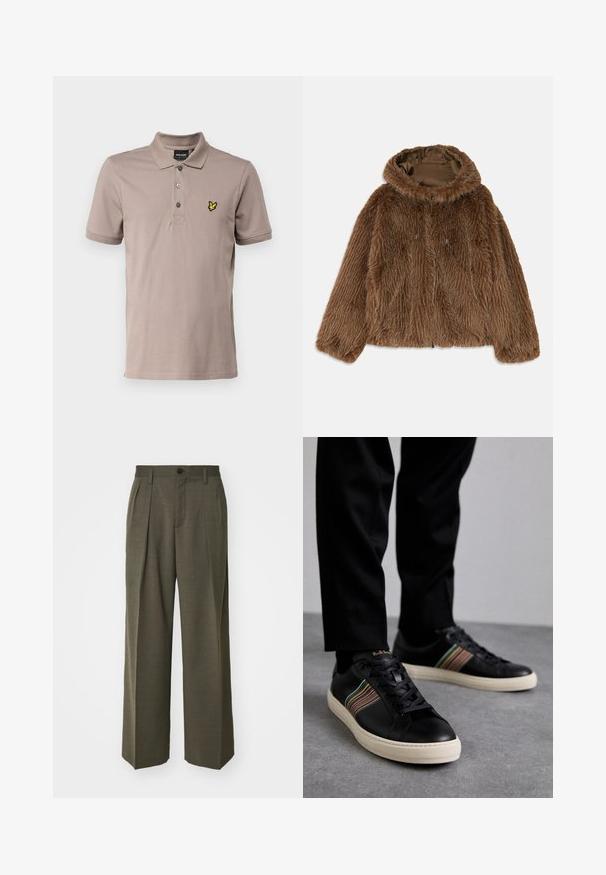 Barna műszőrme dzseki kapucnival, texturált külső réteggel, elülső cipzárral és húzózsinóros részletekkel. Belső bélés sötétbarnában.; Lyle & Scott Pólóing - heritage taupe; Filippa K WIDE TROUSERS - Nadrágok - driftwood; Fekete bőr sportcipők színes csíkozással, kerek orral és fehér gumitalppal, fűzős kialakítással és dombornyomott logóval.